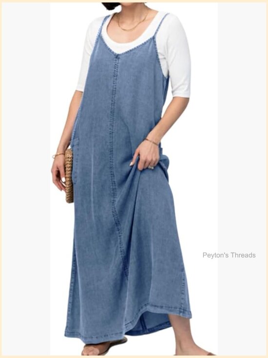 Dresses & Skirts - Spaghetti Strap Denim A-Line Overall Maxi Dress with Pockets